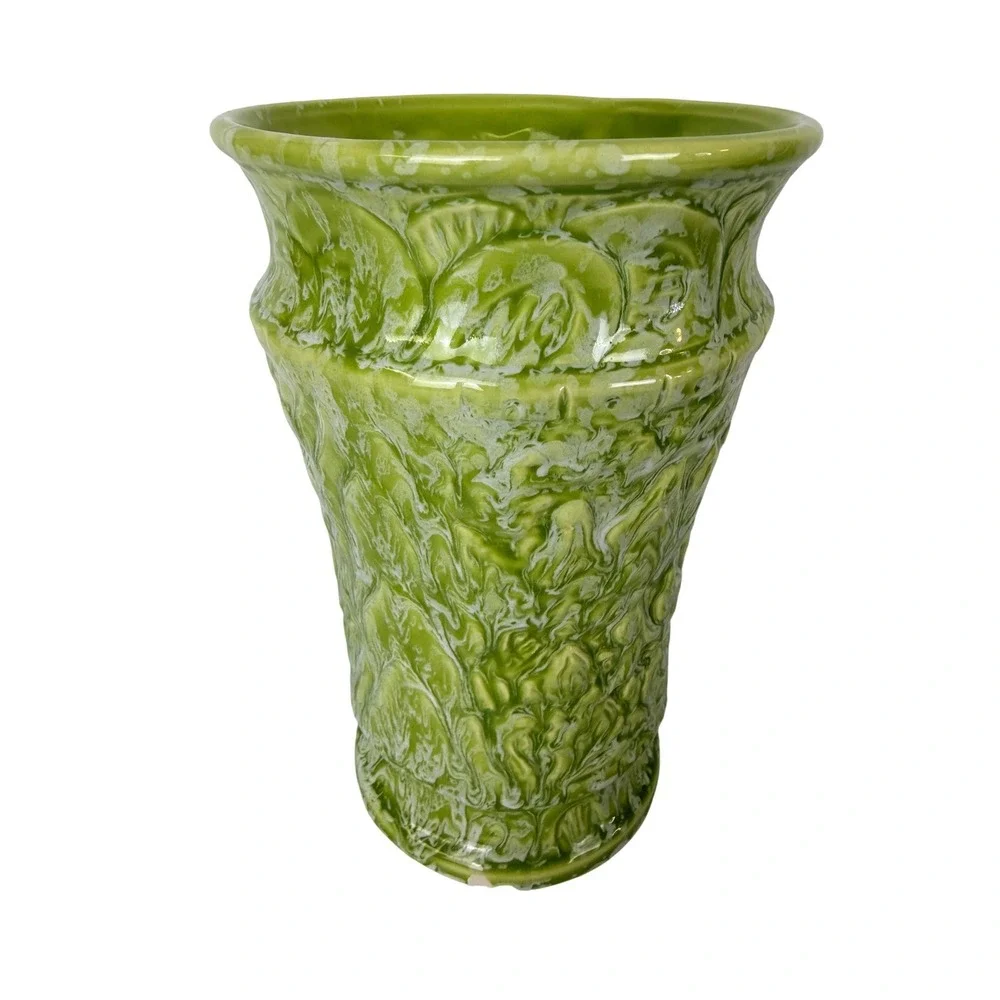 Vintage Lime Green White Drip Glaze Ceramic Vase Textured Floral Embossed 9.25in